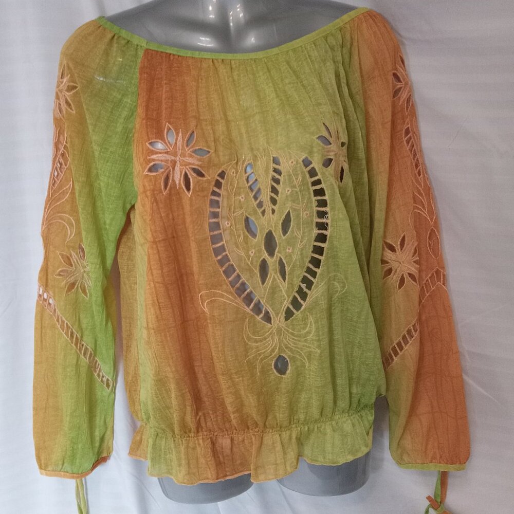 Vtg Orange Green Tie-Dye Cut-Out Women's Top Y2K Boho Fairycore Cottage Boho